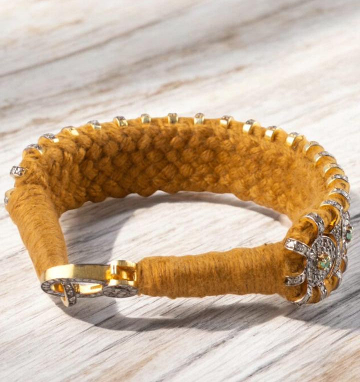 Handcrafted Vintage-Style Sterling Silver Bracelet with Zambian Emeralds & Melee Diamonds – Antique Fabric Base Design