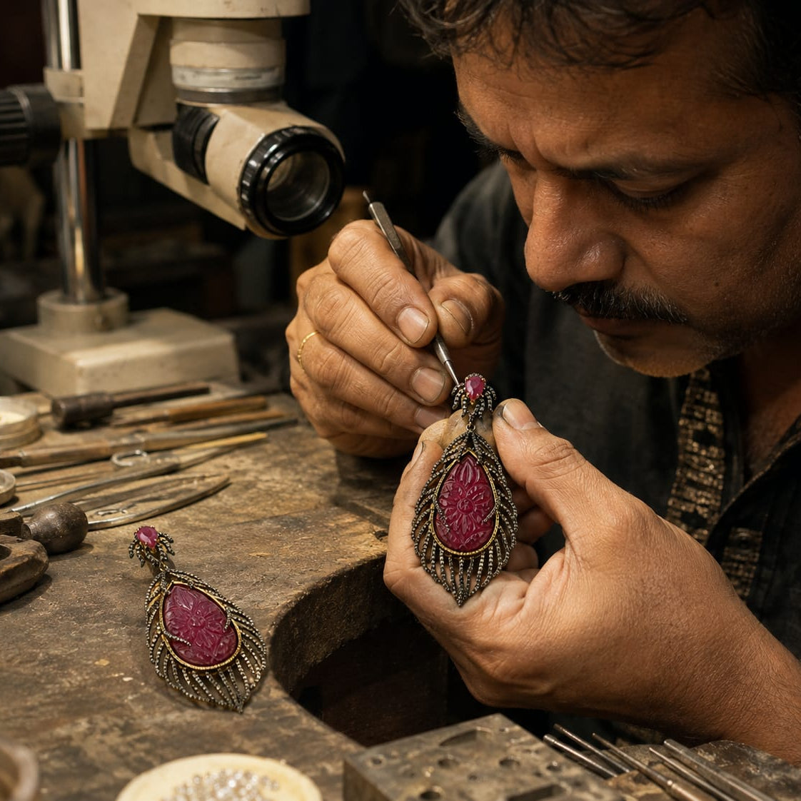 Carved Ruby Vine Earrings with Diamonds