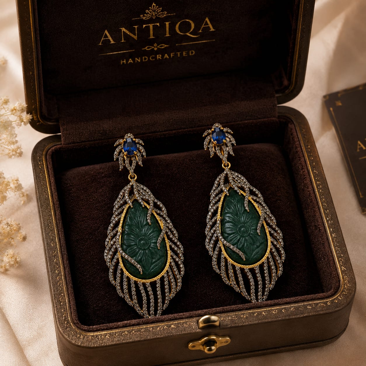 Carved Green Beryl Vine Earrings with Diamonds