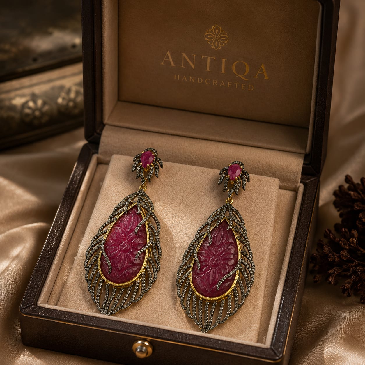 Carved Ruby Vine Earrings with Diamonds