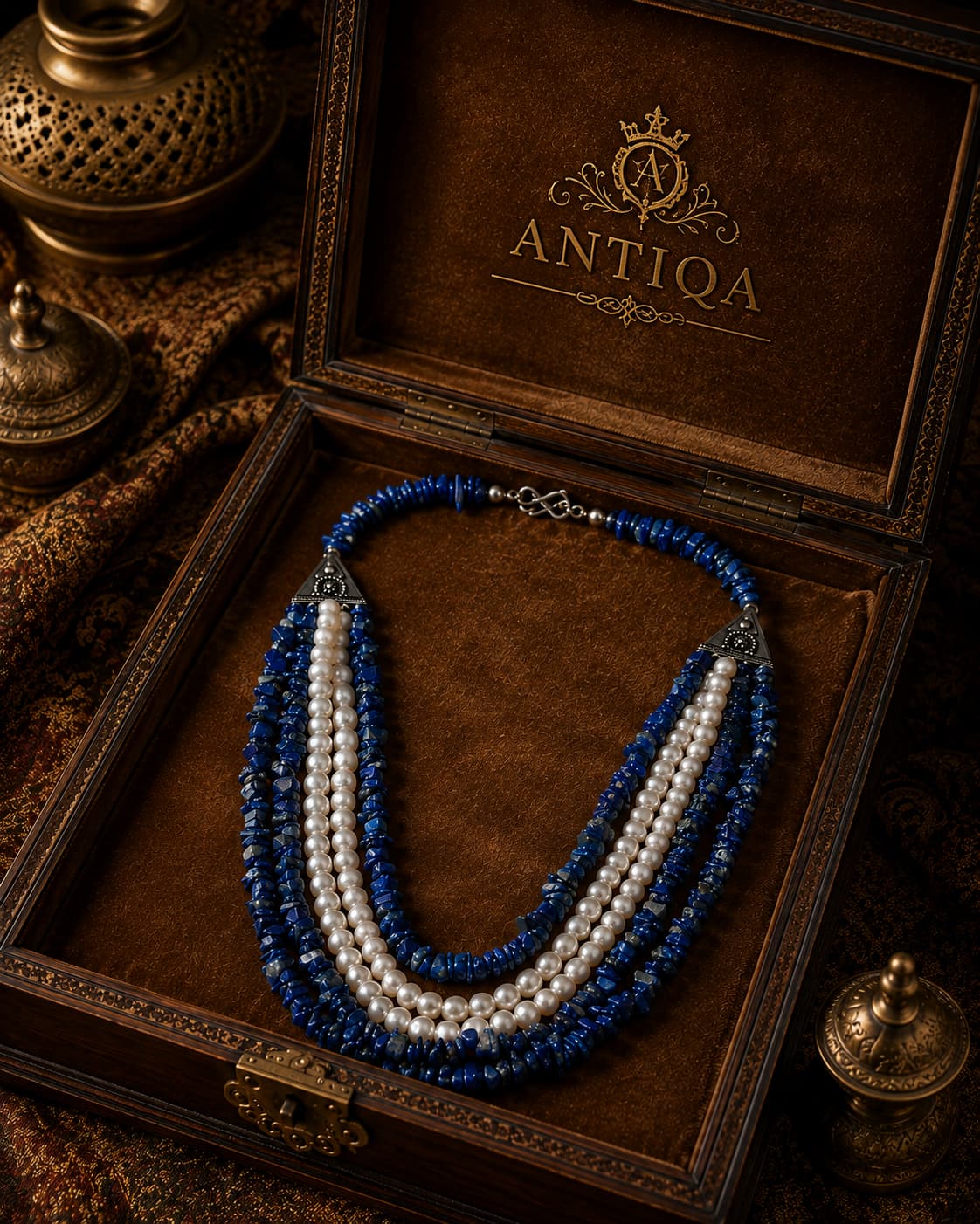 Handcrafted Lapis Lazuli and Grey Pearl Beaded Necklace with Silver Clasp