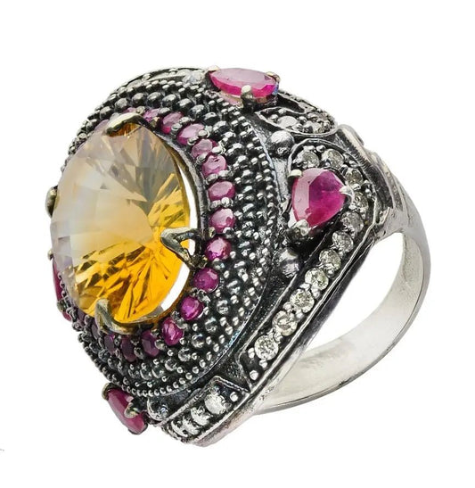 Antique-Style Citrine and Ruby Cocktail Ring - Antiqa Handcrafted