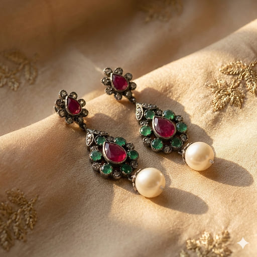 Handcrafted Vintage Sterling Silver Earrings with Emerald, Ruby, Diamonds & Pearls