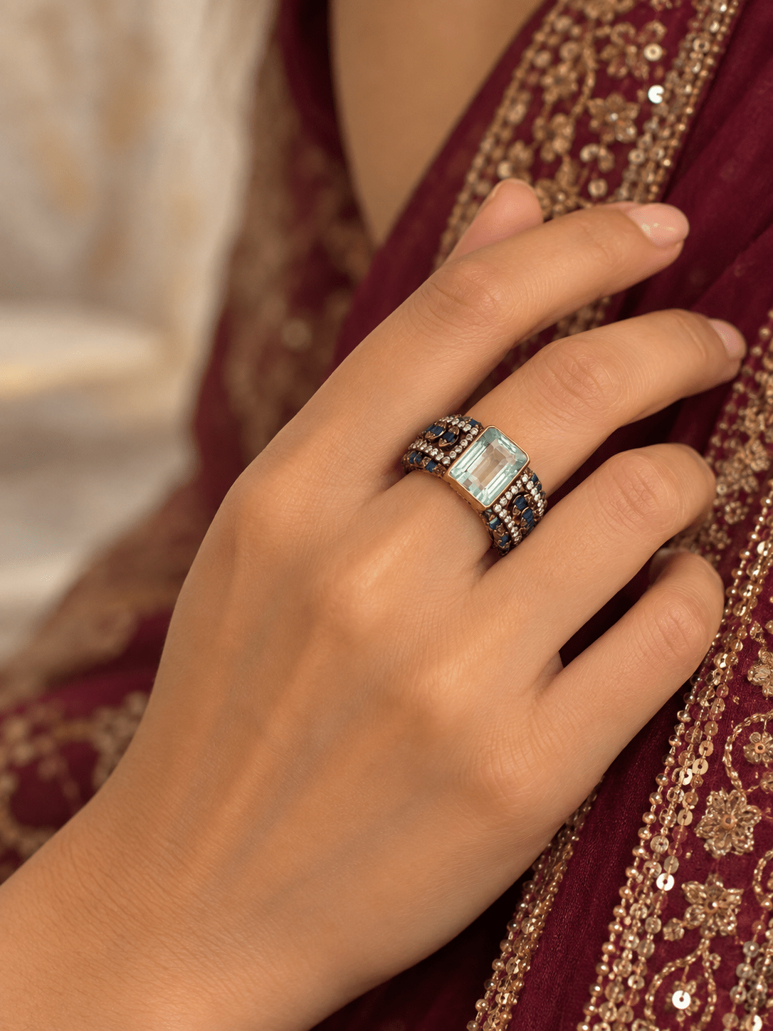 Aquamarine Statement Ring with Sapphires and Diamonds