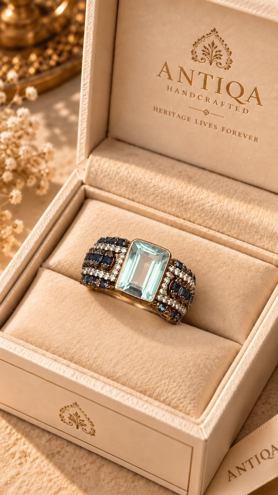 Aquamarine Statement Ring with Sapphires and Diamonds