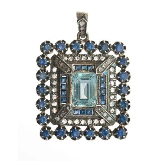 Art Deco-Inspired Aquamarine & Sapphire Pendant – A Timeless Masterpiece - Antiqa Handcrafted