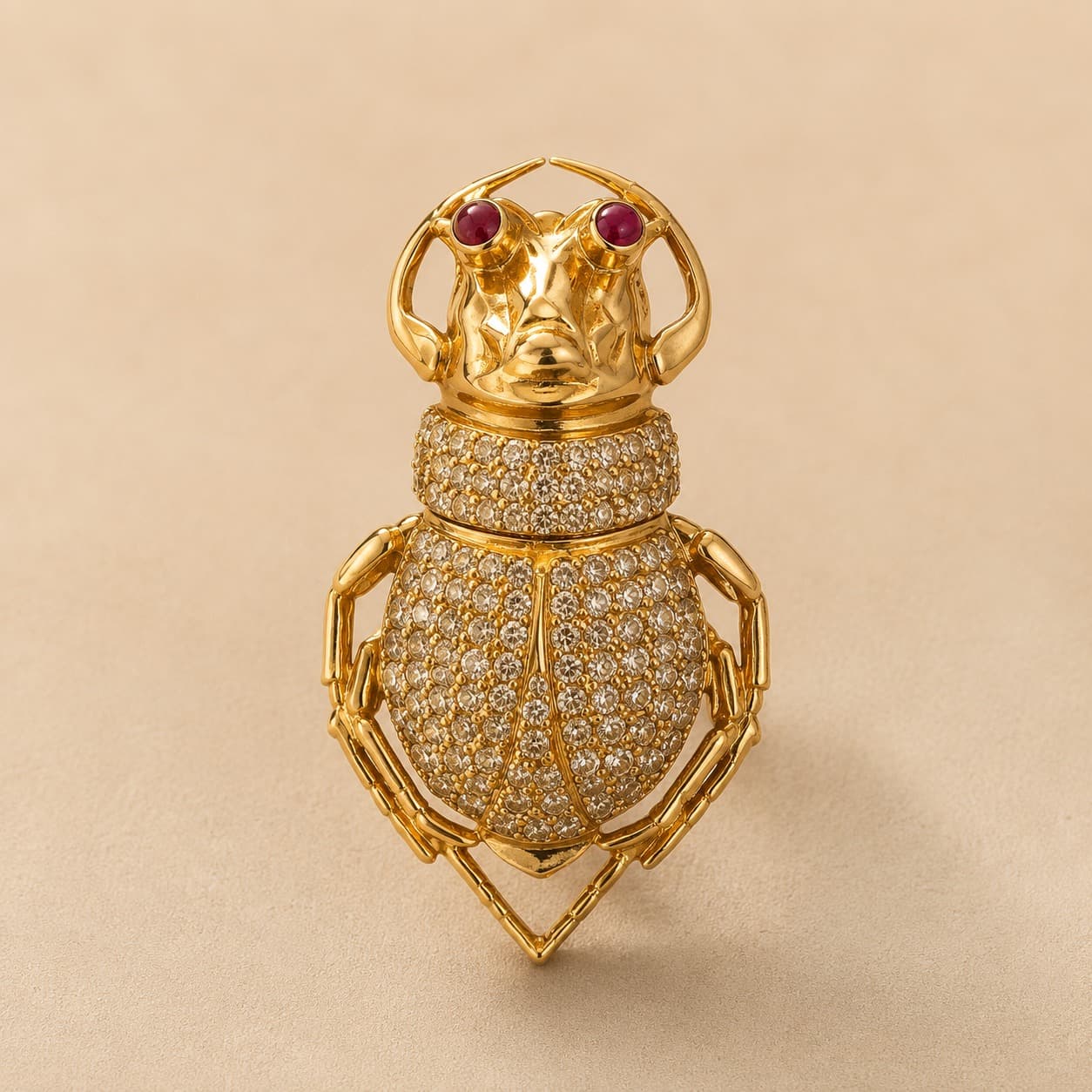 Beetle Brooch with Diamonds and Ruby Eyes in Sterling Silver