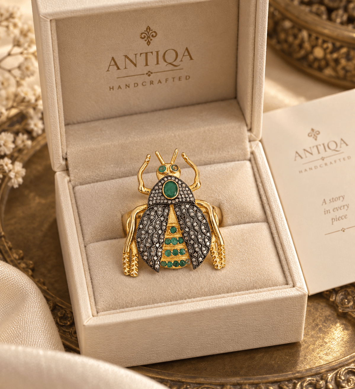 Beetle Statement Ring with Zambian Emeralds and Diamonds