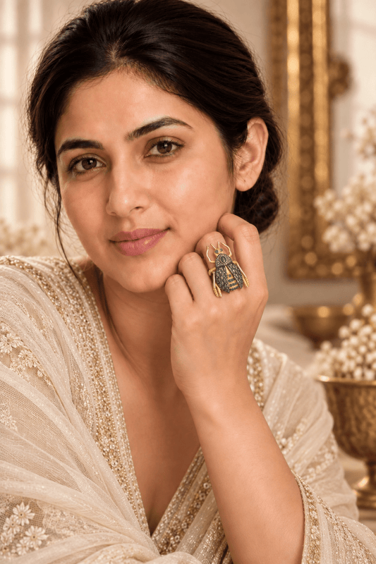 Beetle Statement Ring with Zambian Emeralds and Diamonds - Antiqa Handcrafted