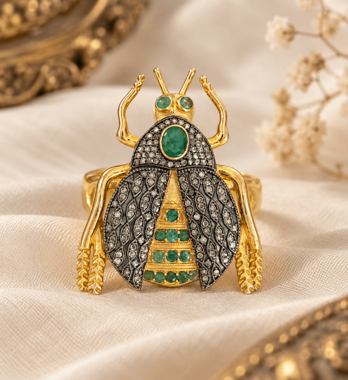 Beetle Statement Ring with Zambian Emeralds and Diamonds