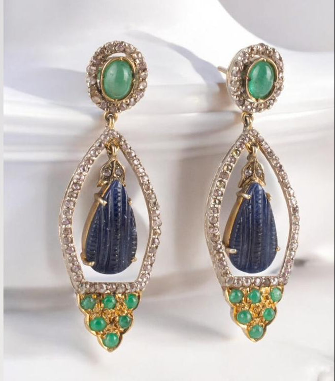 Modern Designer Earrings in Sterling Silver with Blue Sapphire, Emerald & Diamond – Handcrafted Luxury Jewelry