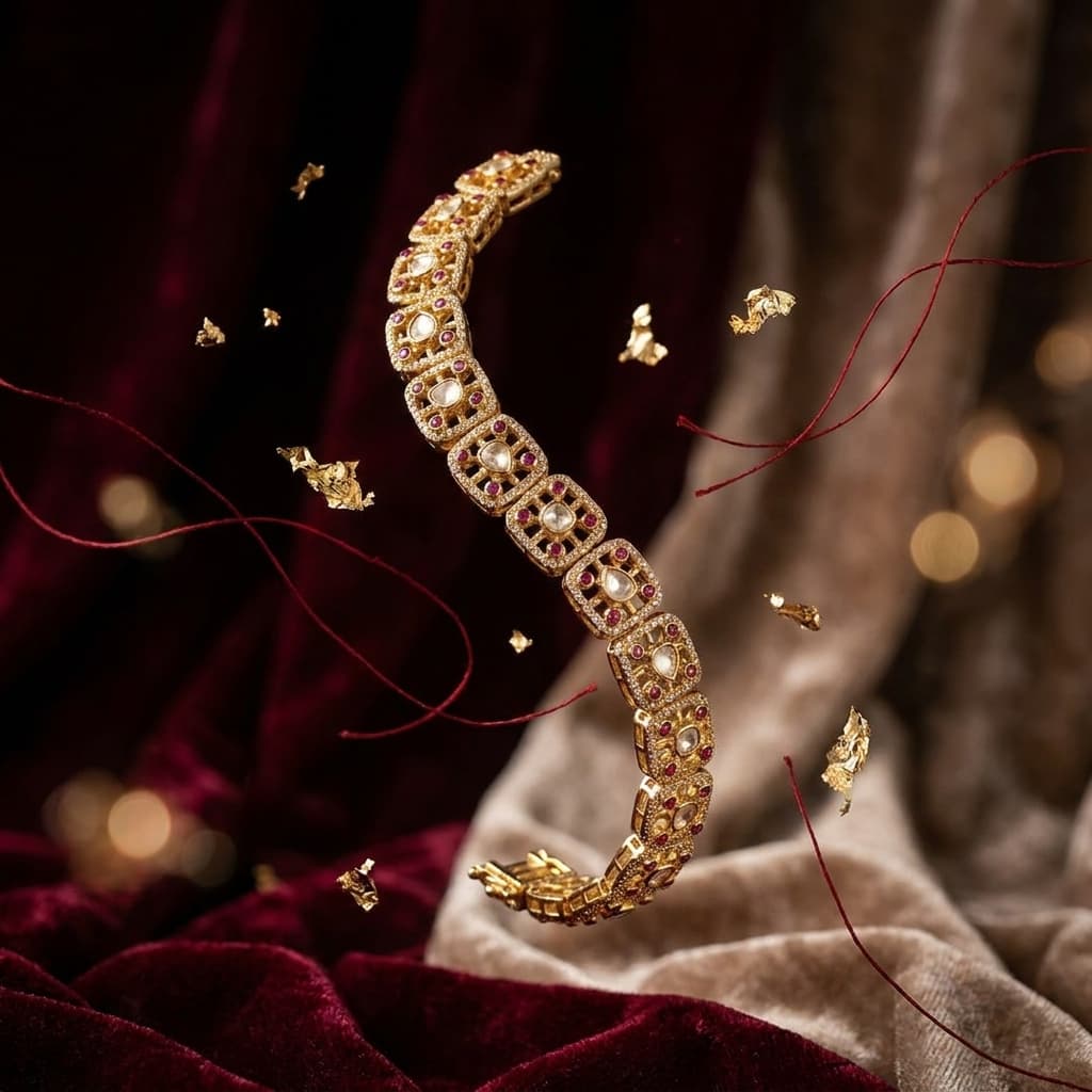 Diamond Polki Square Link Bracelet with Ruby Accents