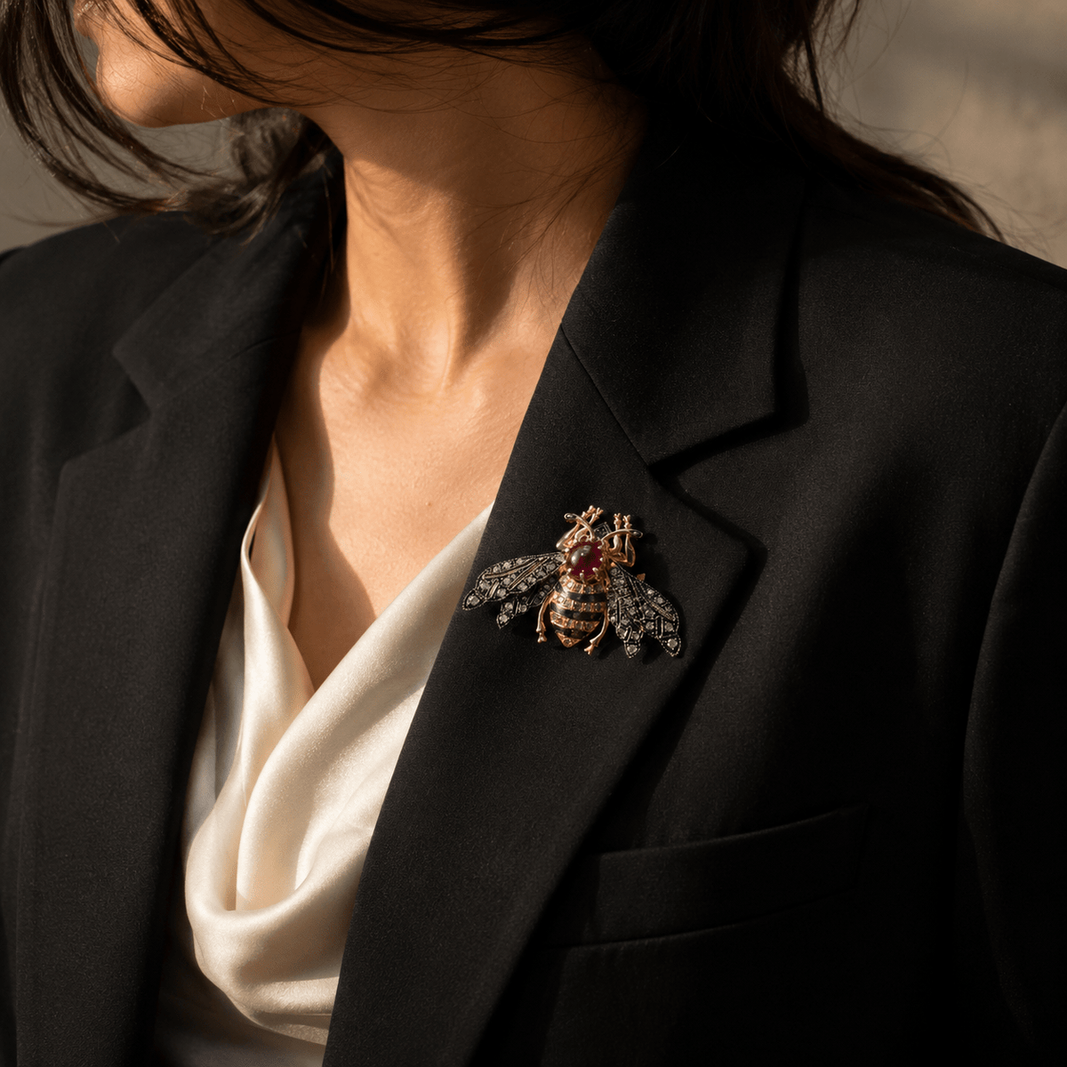 Bumble Bee Brooch with Ruby and Diamonds in Sterling Silver