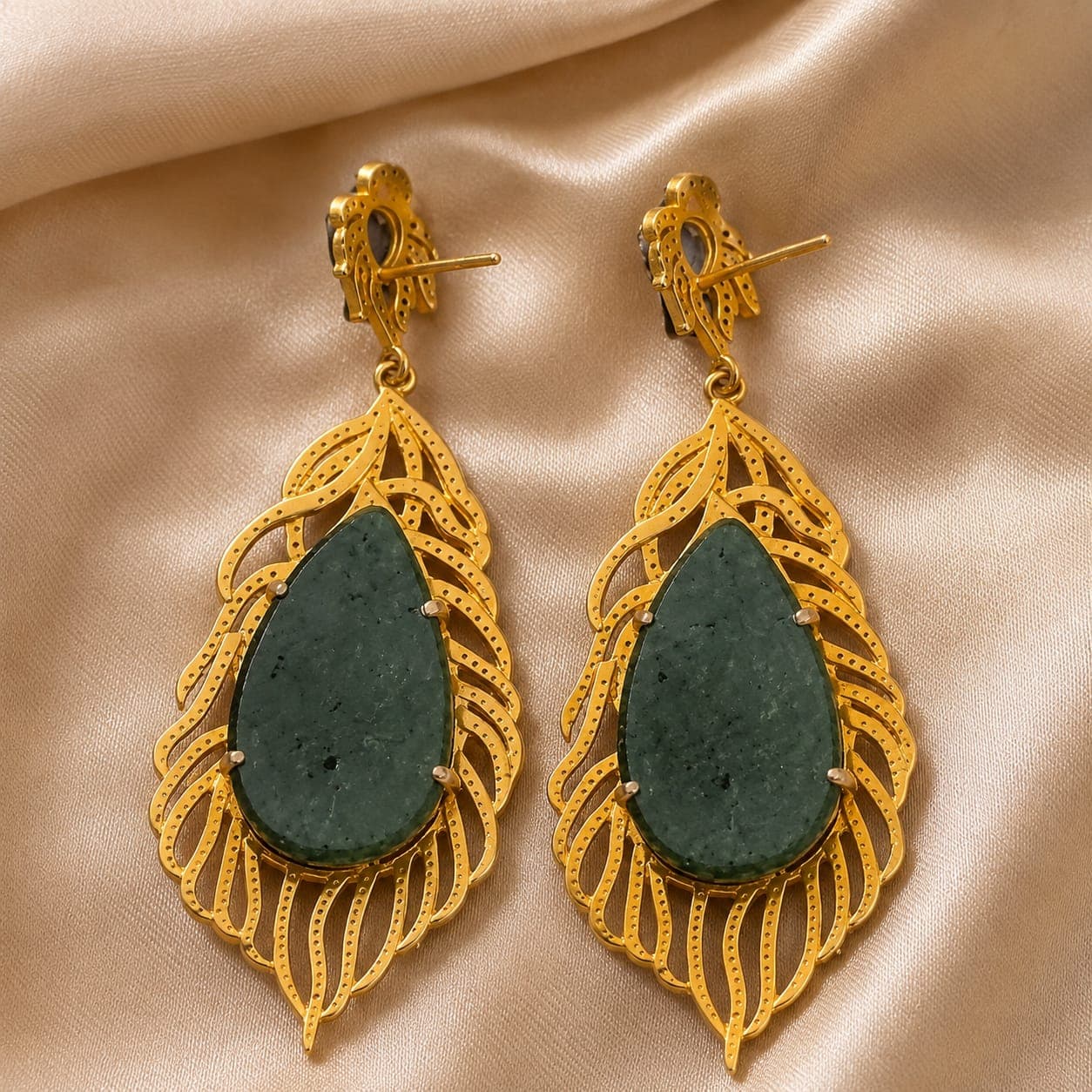 Carved Green Beryl Vine Earrings with Diamonds