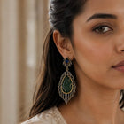 Carved Green Beryl Vine Earrings with Diamonds