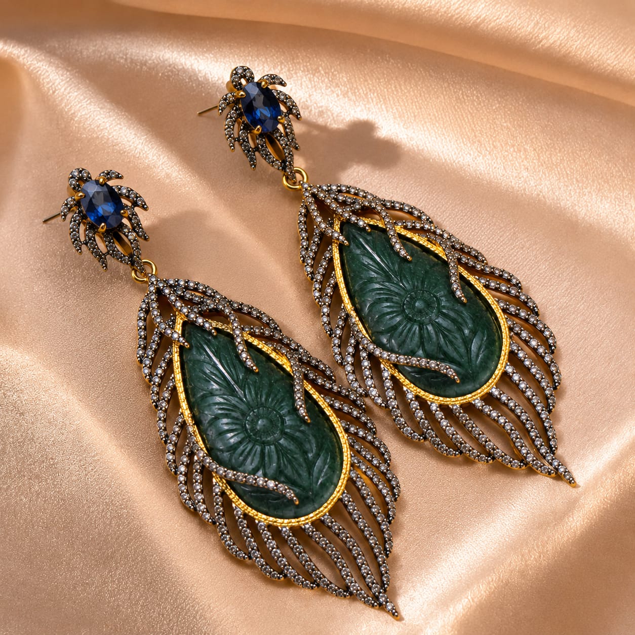 Carved Green Beryl Vine Earrings with Diamonds