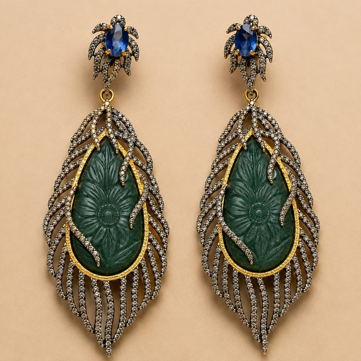 Carved Green Beryl Vine Earrings with Diamonds