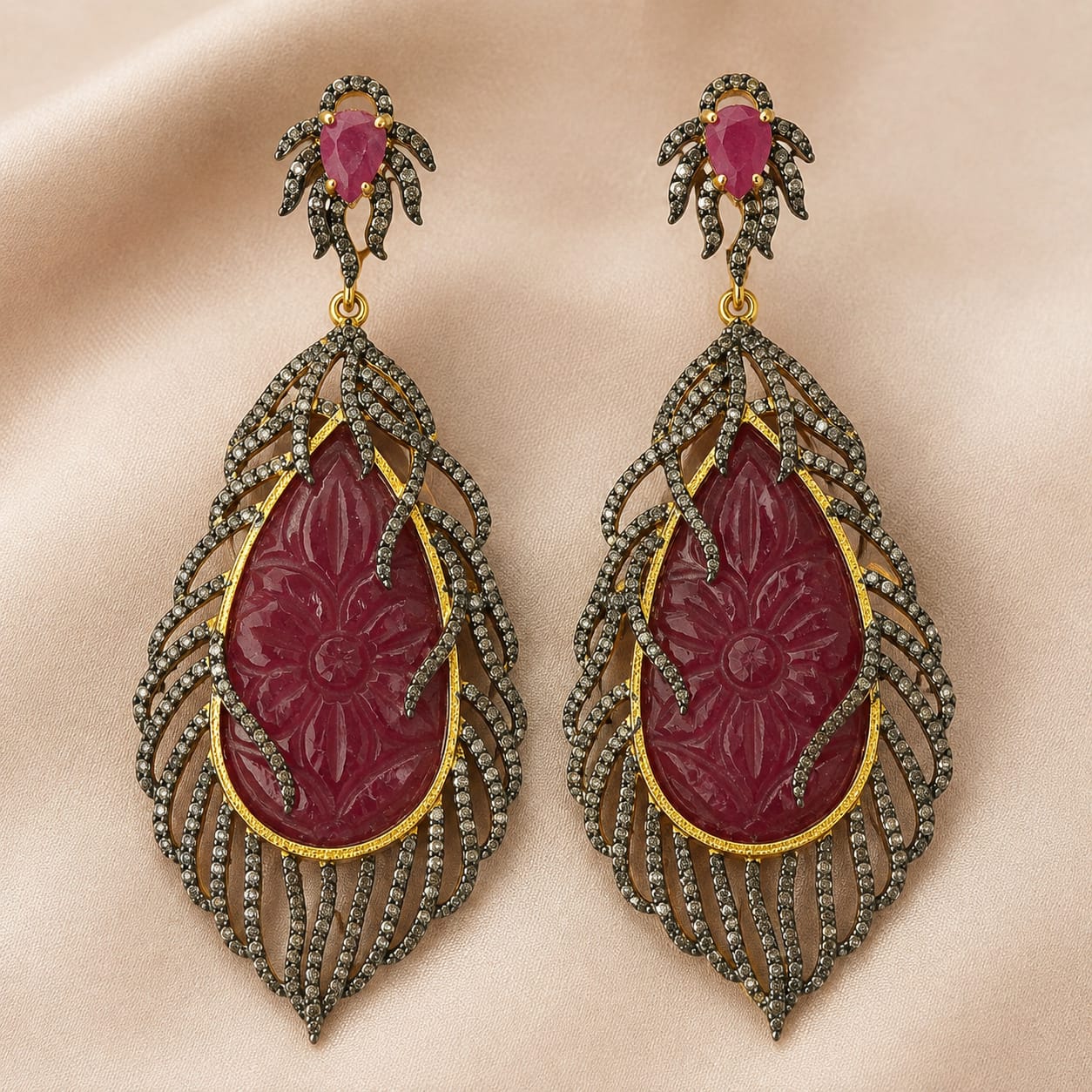 Carved Ruby Vine Earrings with Diamonds