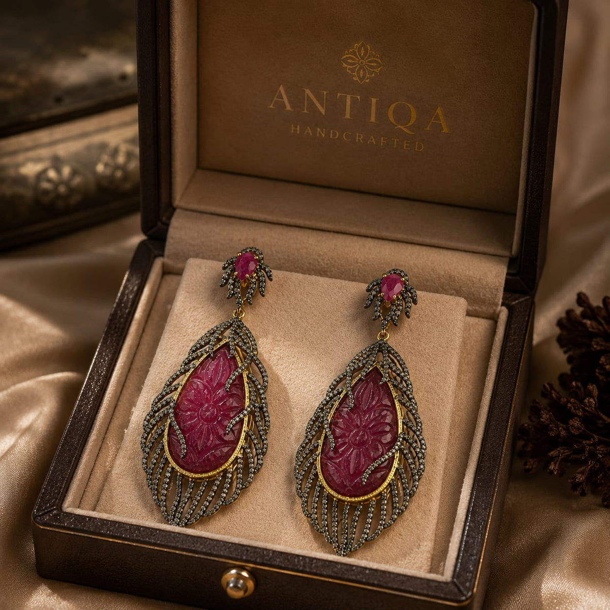 Carved Ruby Vine Earrings with Diamonds