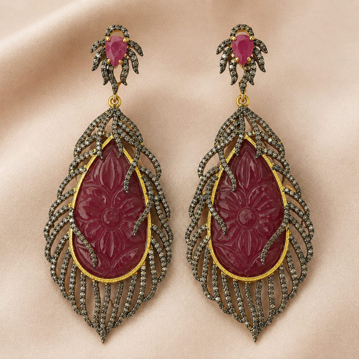 Carved Ruby Vine Earrings with Diamonds