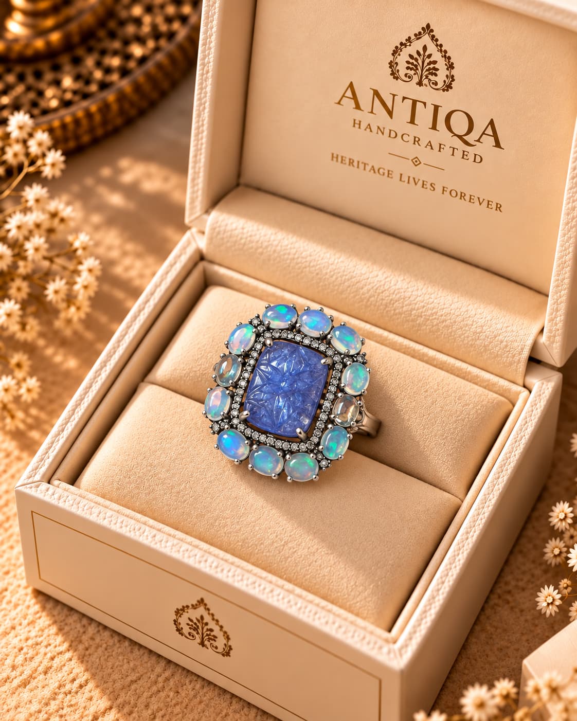 Carved Tanzanite and Ethiopian Opal Ring with Diamonds