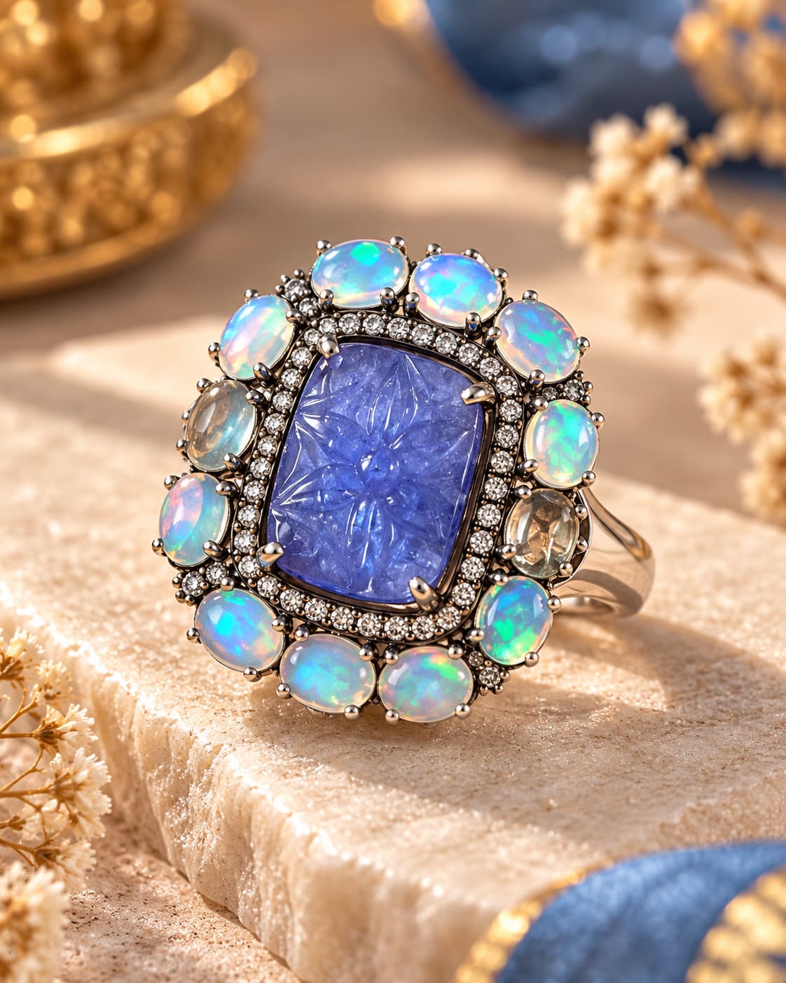 Carved Tanzanite and Ethiopian Opal Ring with Diamonds