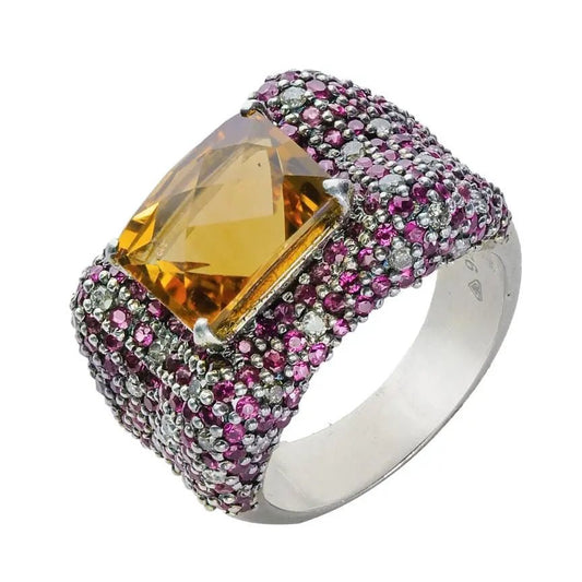 Citrine and Pink Sapphire Pave Ring – Handmade Statement Jewelry - Antiqa Handcrafted