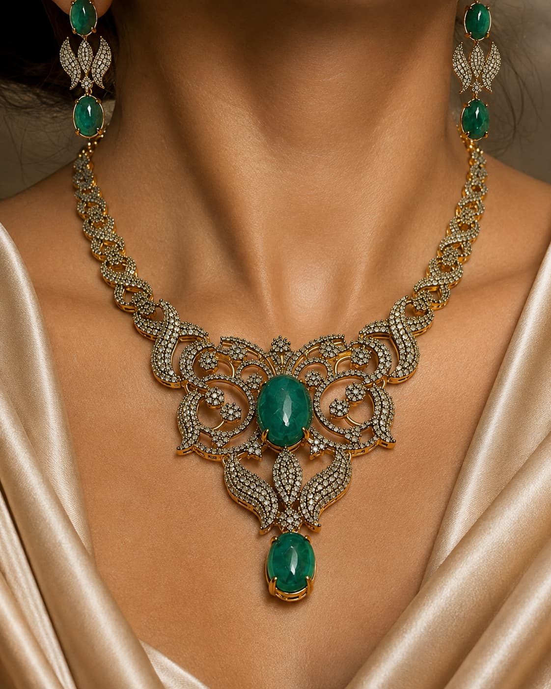 Mughal Style Beryl and Diamond Necklace and Earrings Set