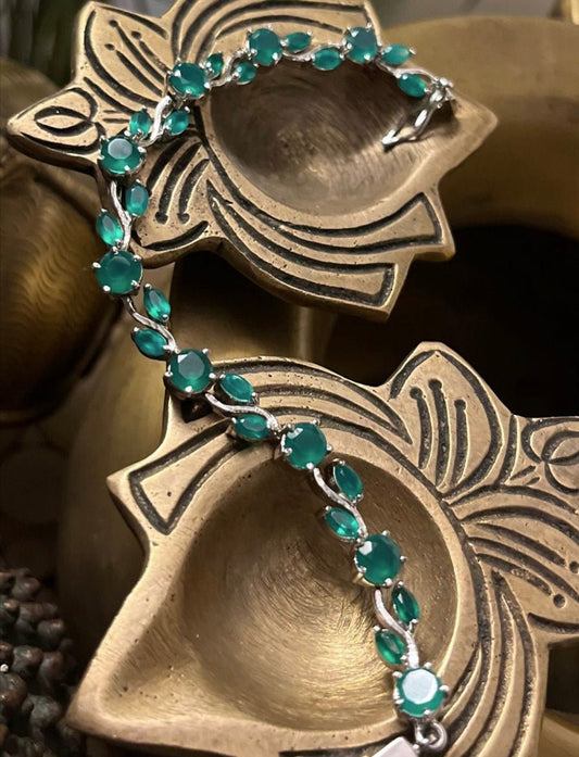 Dazzling Green Onyx and Diamond Tennis Bracelet - Elegant Silver Jewelry for Women - Antiqa Handcrafted