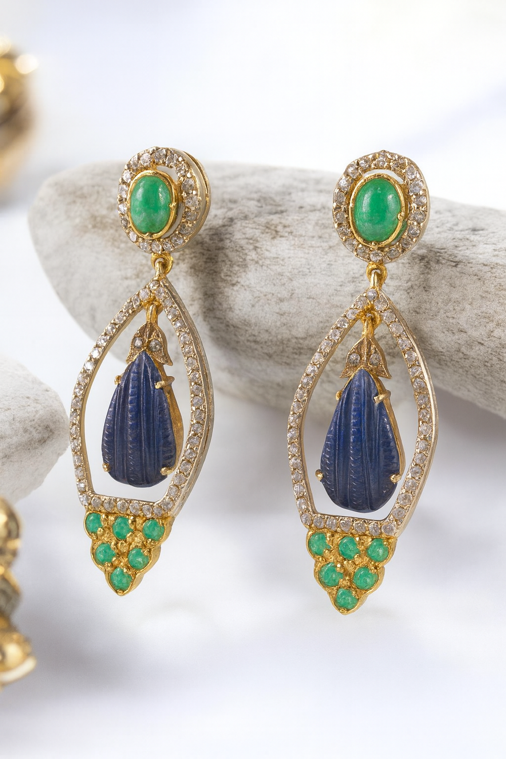 Modern Designer Earrings in Sterling Silver with Blue Sapphire, Emerald & Diamond – Handcrafted Luxury Jewelry