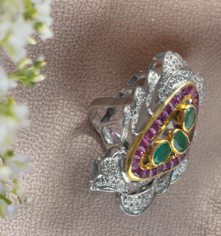 Modern Designer Ring in Sterling Silver with Zambian Emeralds, Thai Rubies & Melee Diamonds – Handcrafted Luxury Jewelry