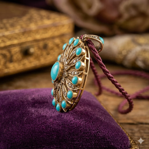 Close-up of natural turquoise gemstone pendant set in sterling silver