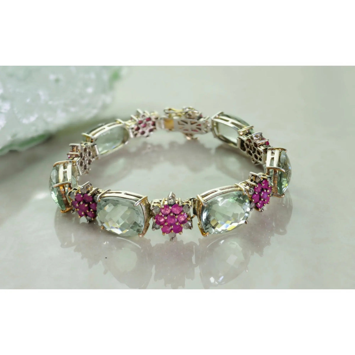 Elegant Handmade Bracelet with Green Amethyst, Pink Sapphire, and Diamond Accents – Sterling Silver