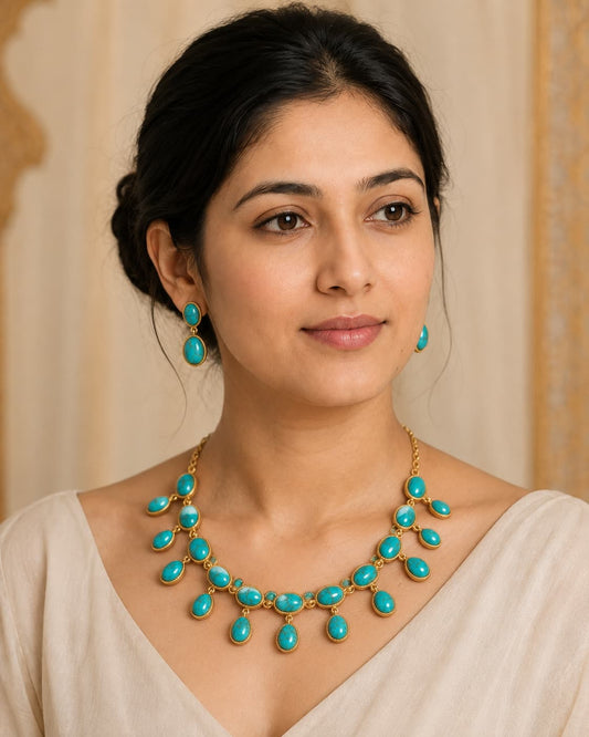 Elegant Persian Turquoise Necklace and Earring Set - Luxurious Gold Statement Jewelry for Women - Antiqa Handcrafted
