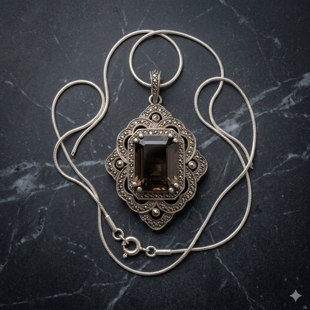 Statement quartz pendant with diamond halo in silver