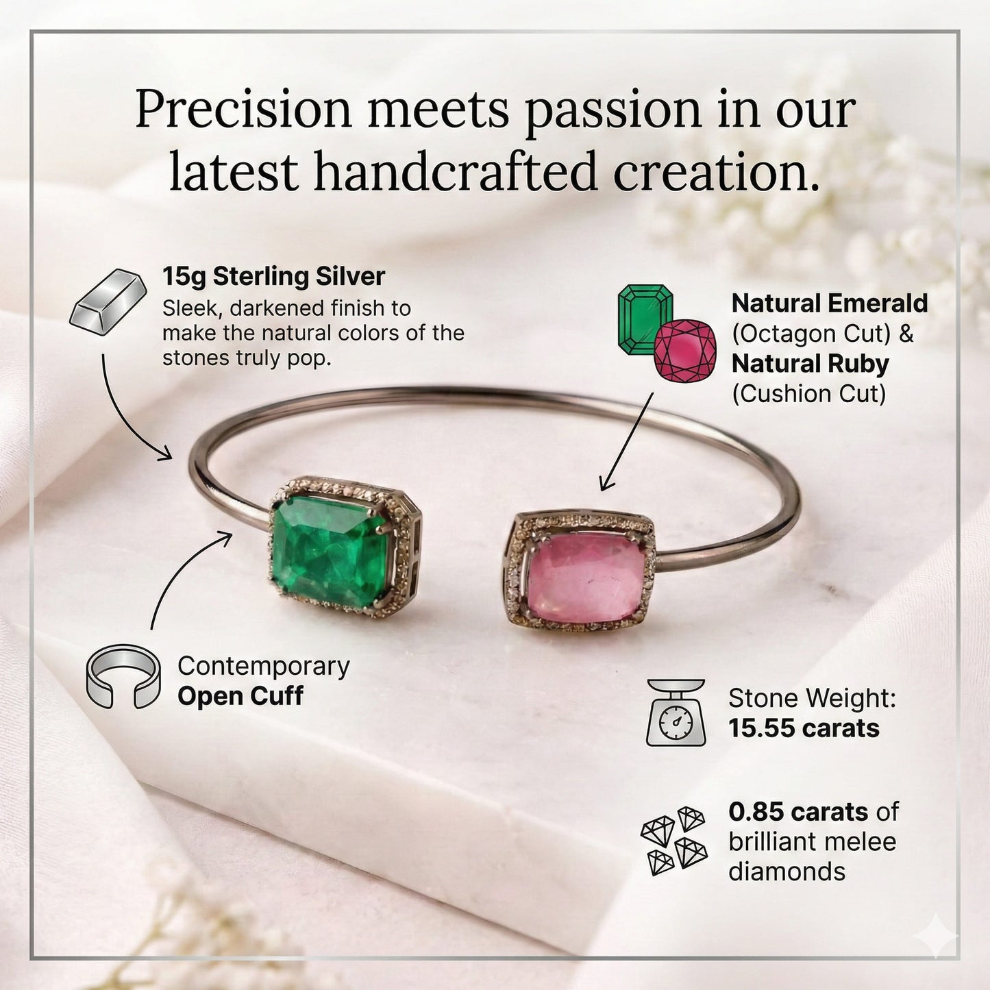 Artisan made gemstone cuff bracelet with melee diamonds