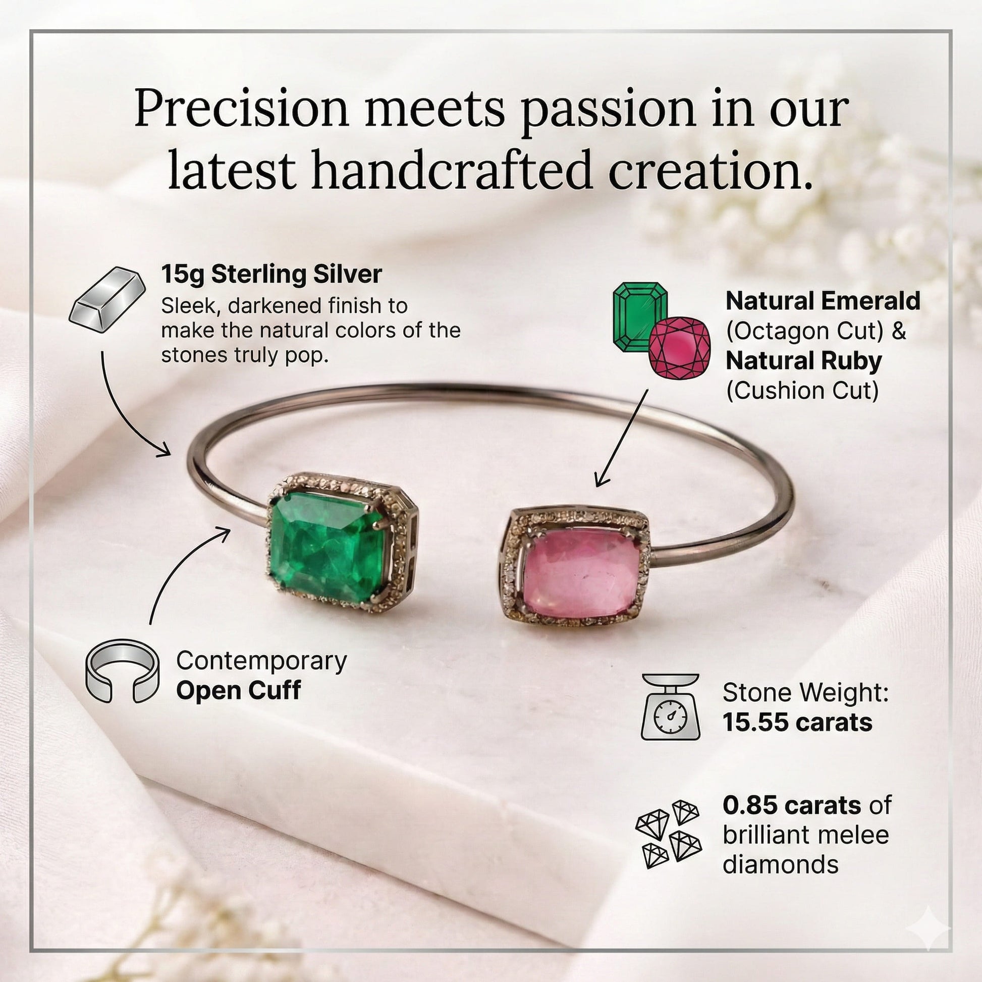 Artisan made gemstone cuff bracelet with melee diamonds