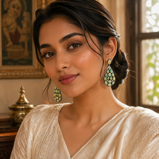 Ethiopian Opal Earrings with Melee Diamonds - Antiqa Handcrafted