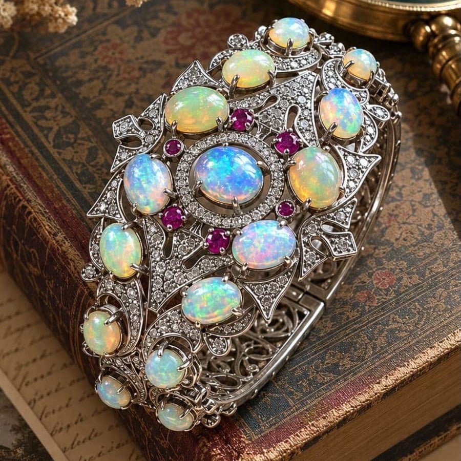 Ethiopian Opal & Ruby Cuff Bracelet with Diamonds - Handcrafted Silver