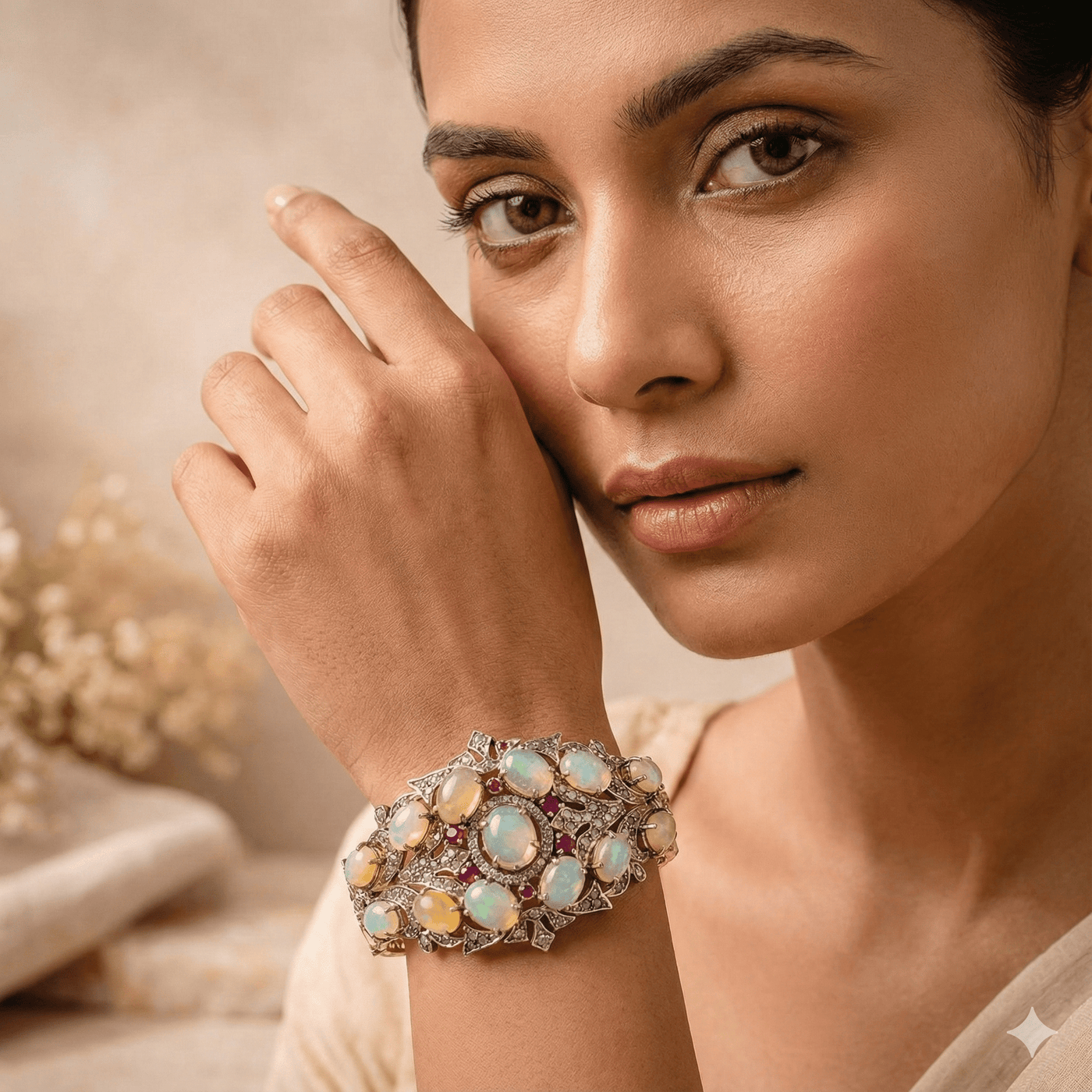 Ethiopian Opal & Ruby Cuff Bracelet with Diamonds - Handcrafted Silver