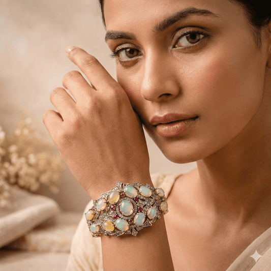 Ethiopian Opal & Ruby Cuff Bracelet with Diamonds - Handcrafted Silver - Antiqa Handcrafted