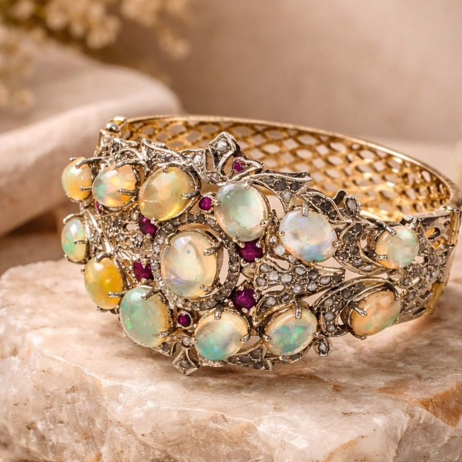 Ethiopian Opal & Ruby Cuff Bracelet with Diamonds - Handcrafted Silver