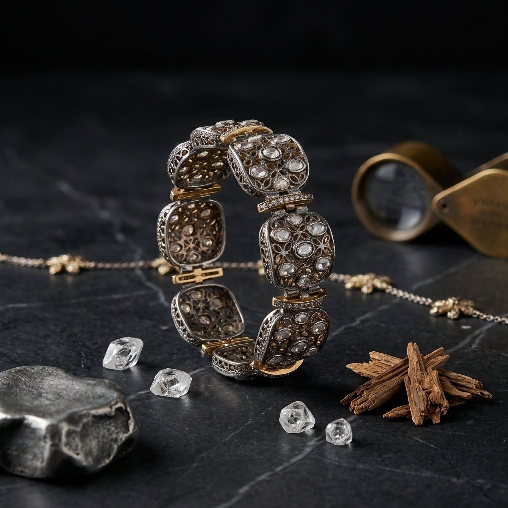 Exquisite Polki and Diamond Link Bracelet in Sterling Silver