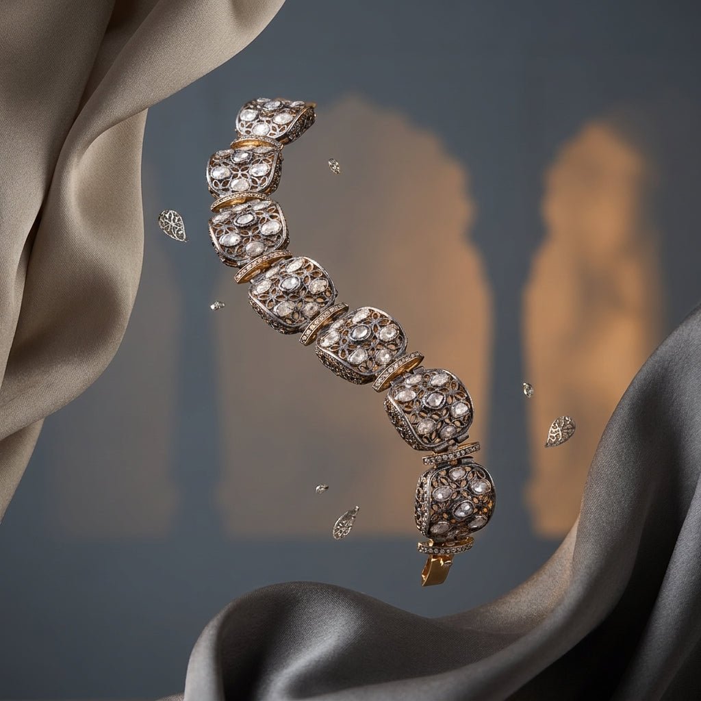 Exquisite Polki and Diamond Link Bracelet in Sterling Silver