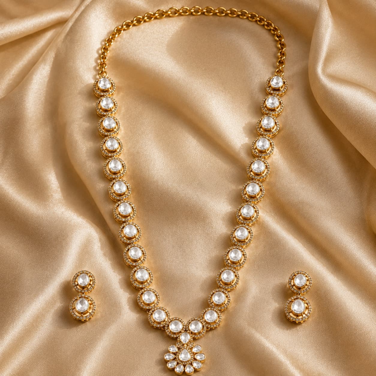 Vintage Polki Necklace and Earrings Set with Floral Motif