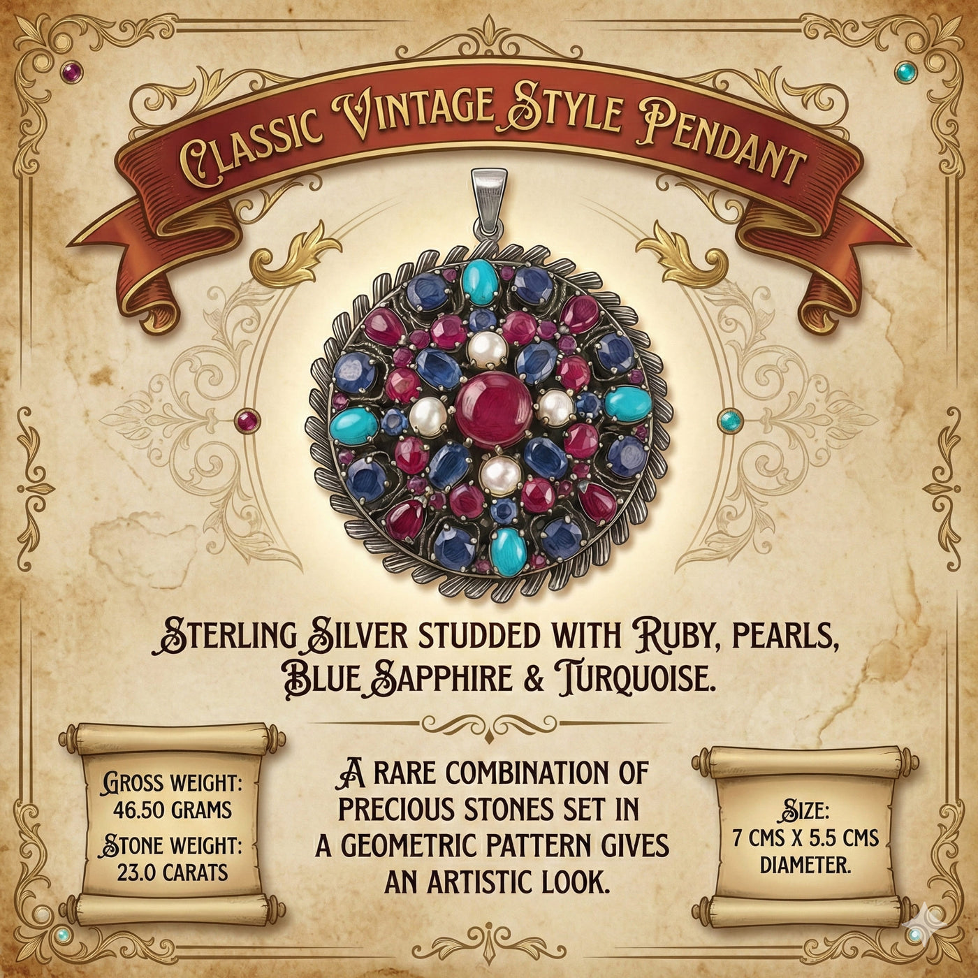 Handcrafted Vintage Sterling Silver Pendant with Ruby, Pearls, Blue Sapphire and Turquoise