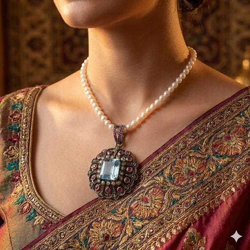 Handcrafted 925 Sterling Silver Blue Topaz Pendant with Diamond & Ruby