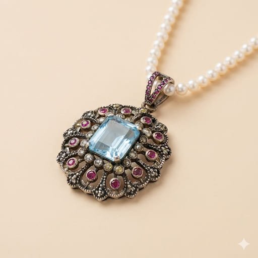 Handcrafted 925 Sterling Silver Blue Topaz Pendant with Diamond & Ruby