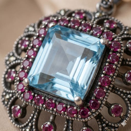 Handcrafted 925 Sterling Silver Blue Topaz Pendant with Diamond & Ruby