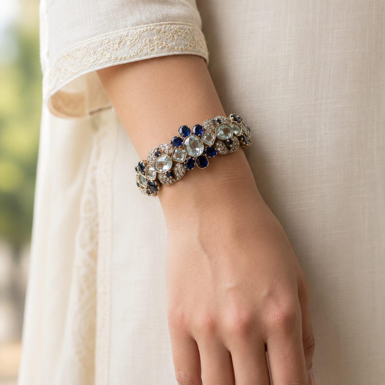 Luxurious Blue Sapphire And Brazilian Aquamarine Cuff Bracelet - Statement Diamond Accent Jewelry for Women
